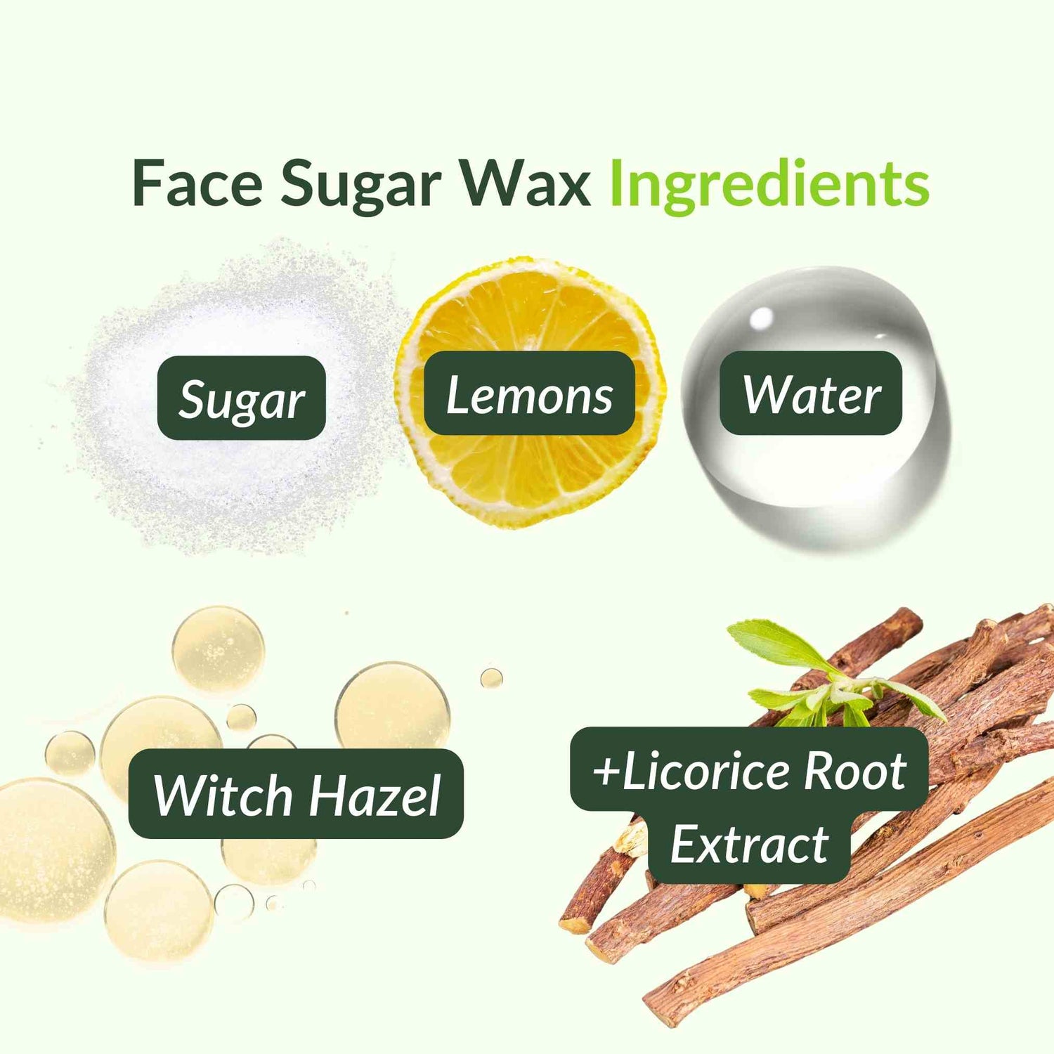 face sugar wax ingredients. sugar, lemons, water, witch hazel and licorice root extract.