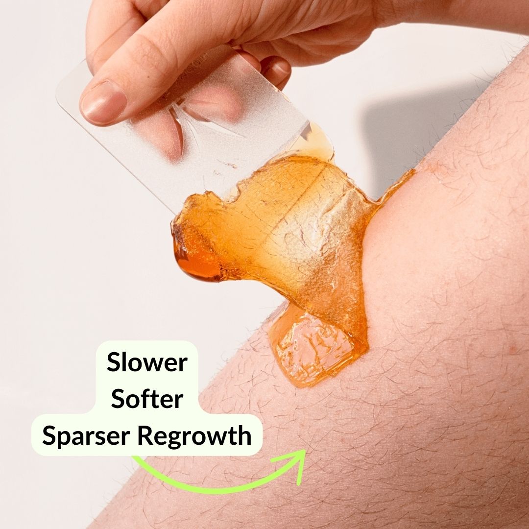Slower softer sparser regrowth showing woman's leg while using sugar me smooth Body sugar wax with a Flicker