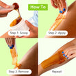 Step-by-step guide to scooping, applying, and removing sugar wax with the Flicker, included in Sugar Me Smooth's Full Body Hair Removal Kit