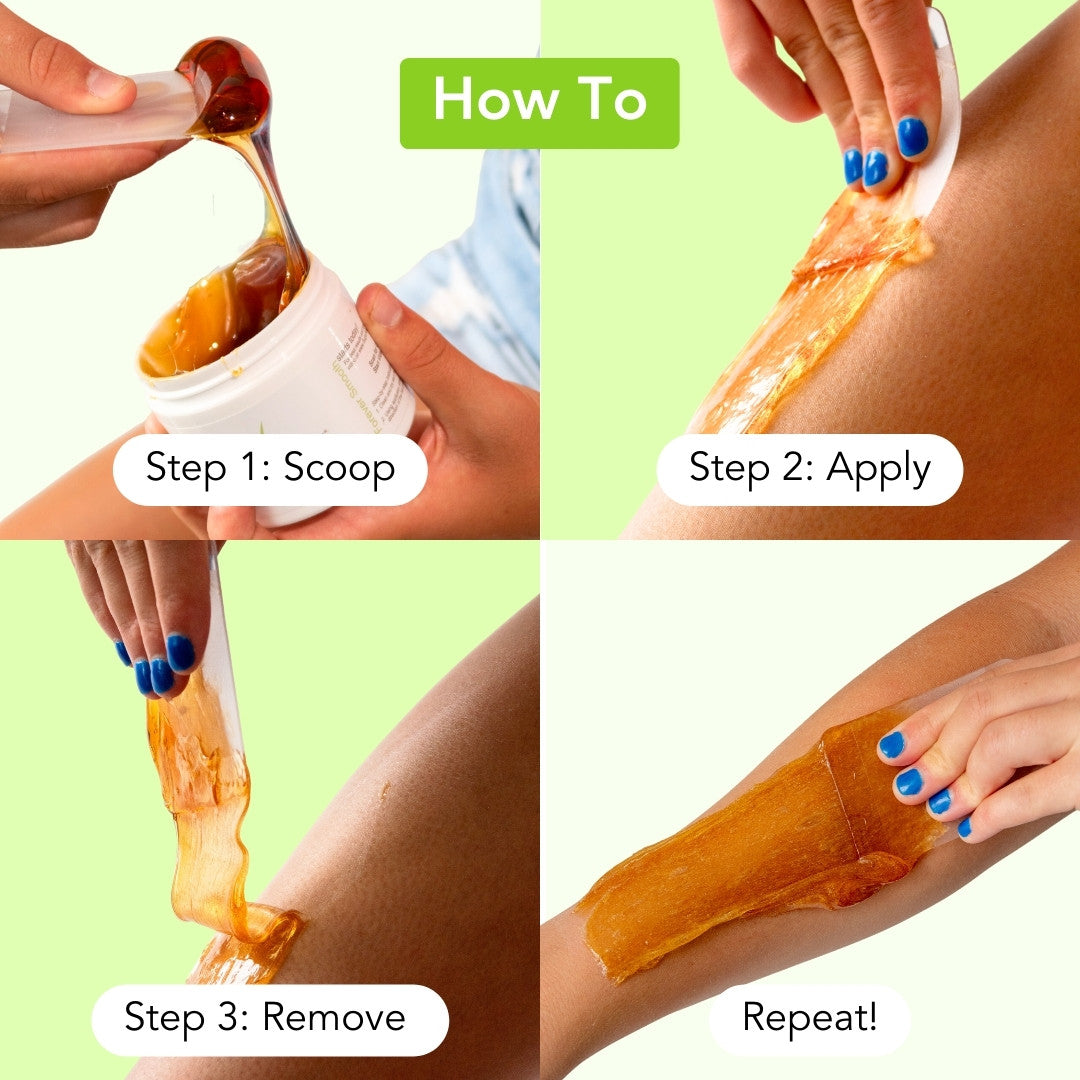 Four-step how-to for scooping, applying, and removing sugar wax with the Flicker, from Sugar Me Smooth's Starter Kit