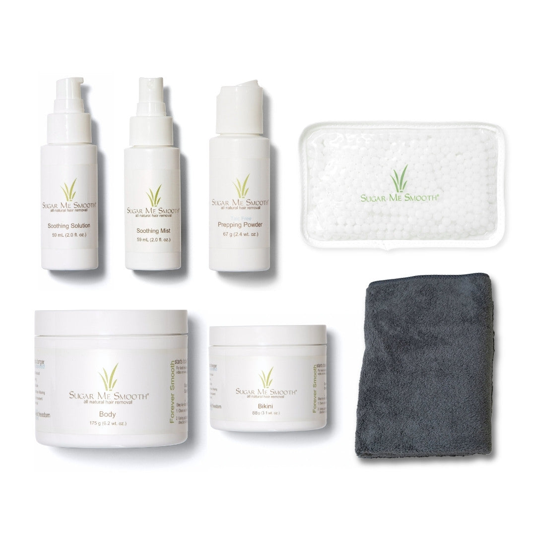 Sugar Me Smooth Starter Kit items: Soothing Solution, Soothing Mist, Prepping Powder, Body and Bikini sugar jars, ice pack, and microfiber cloth